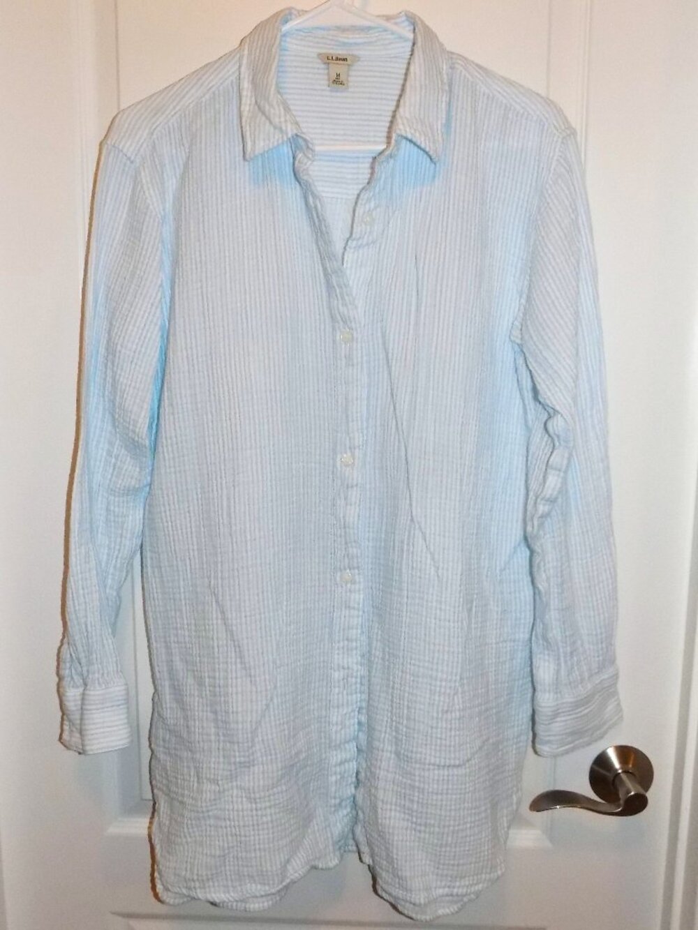LL BEAN White & Blue Striped Gauze Cotton Cover up Shirt Medium Excellent Cond